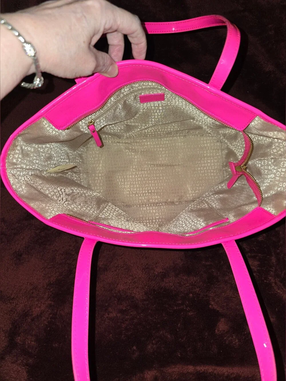 kate spade new york Molly Bikini Dot Large Tote in a vibrant neon pink patent - Picture 7 of 13